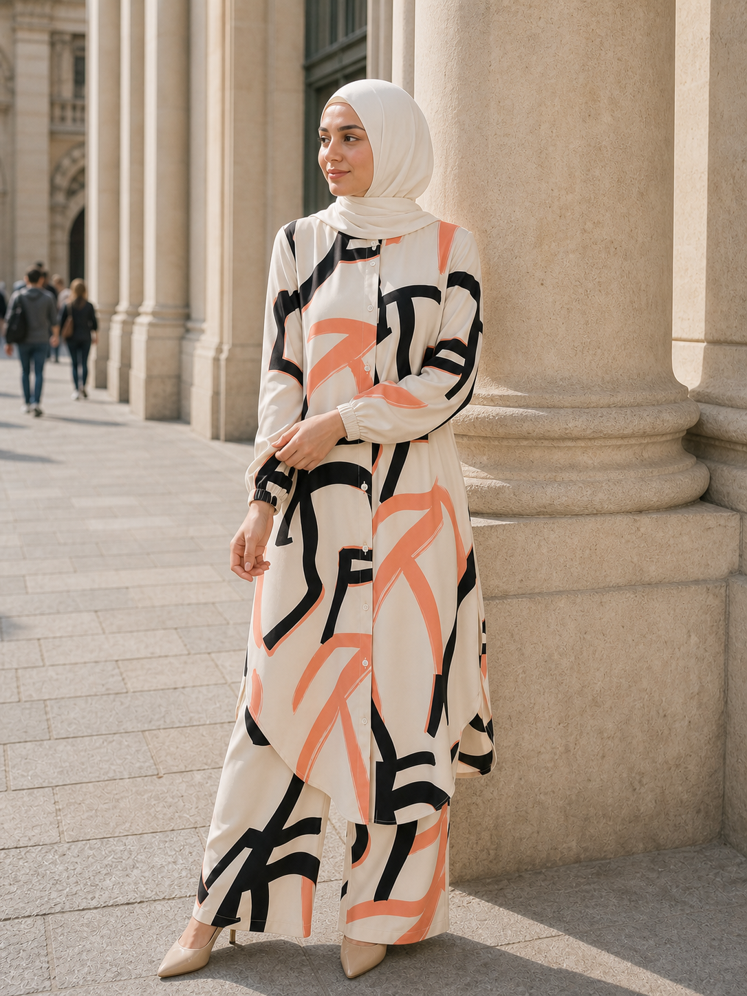 ZOALIN - Printed Flow Tunic & Wide-Leg Pants Set - Apricot Print - lifestyle
