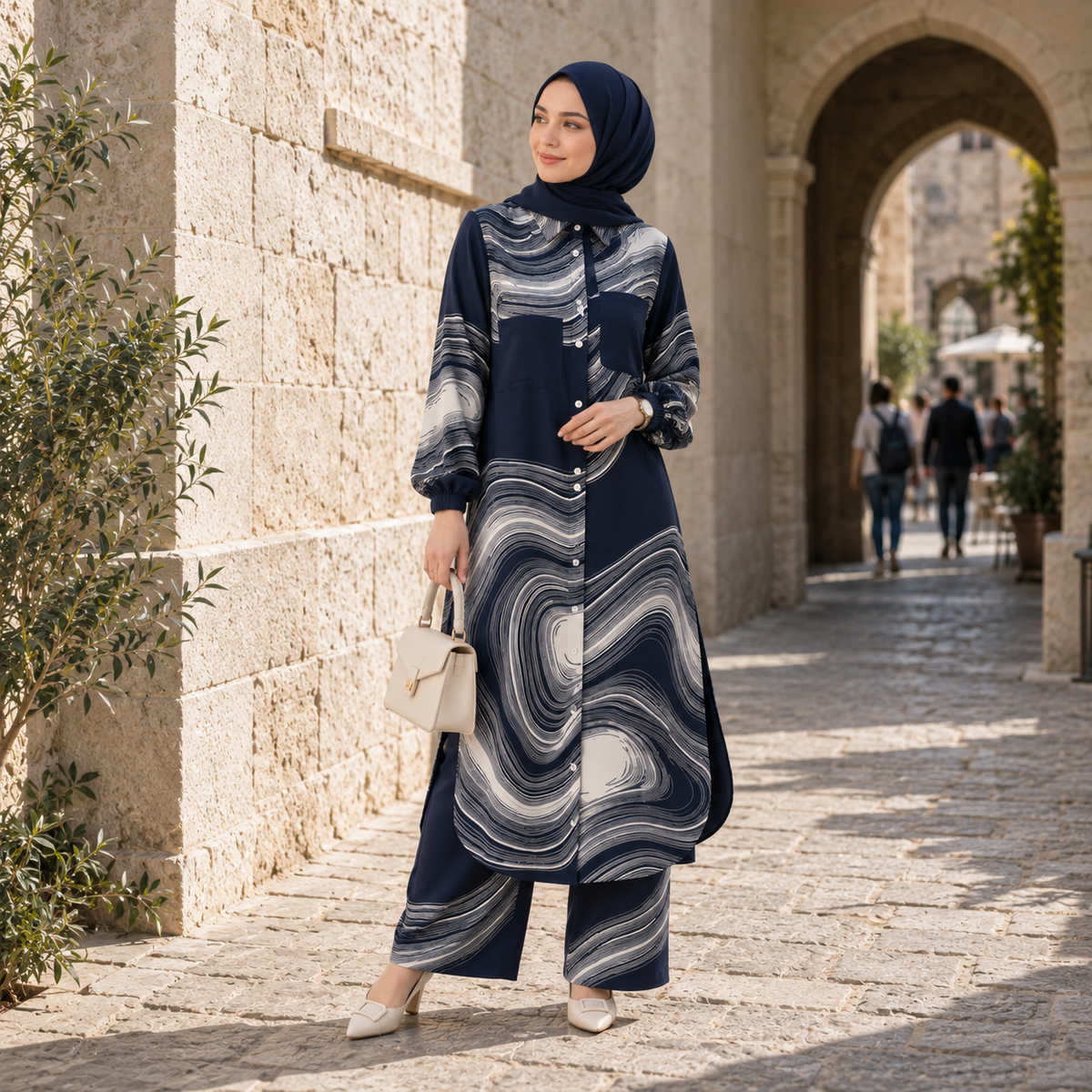 ZOALIN - Printed Flow Tunic & Wide-Leg Pants Set - Navy Print - lifestyle