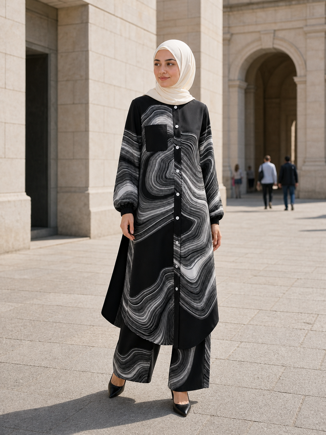 ZOALIN - Printed Flow Tunic & Wide-Leg Pants Set - Black White Print - lifestyle