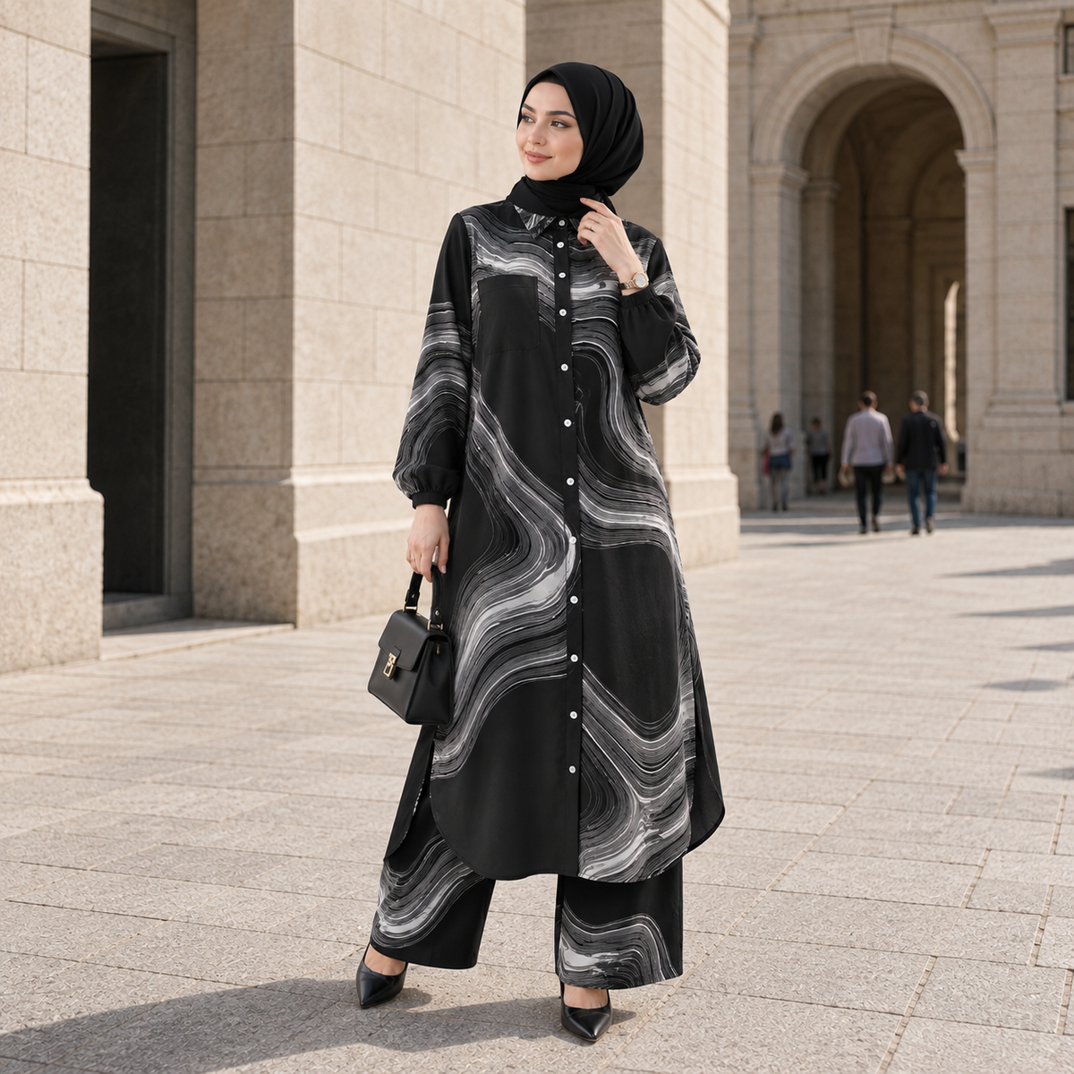 ZOALIN - Printed Flow Tunic & Wide-Leg Pants Set - Black White Print - lifestyle