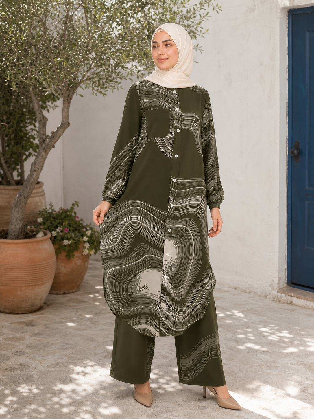 ZOALIN - Printed Flow Tunic & Wide-Leg Pants Set - Olive Print - lifestyle