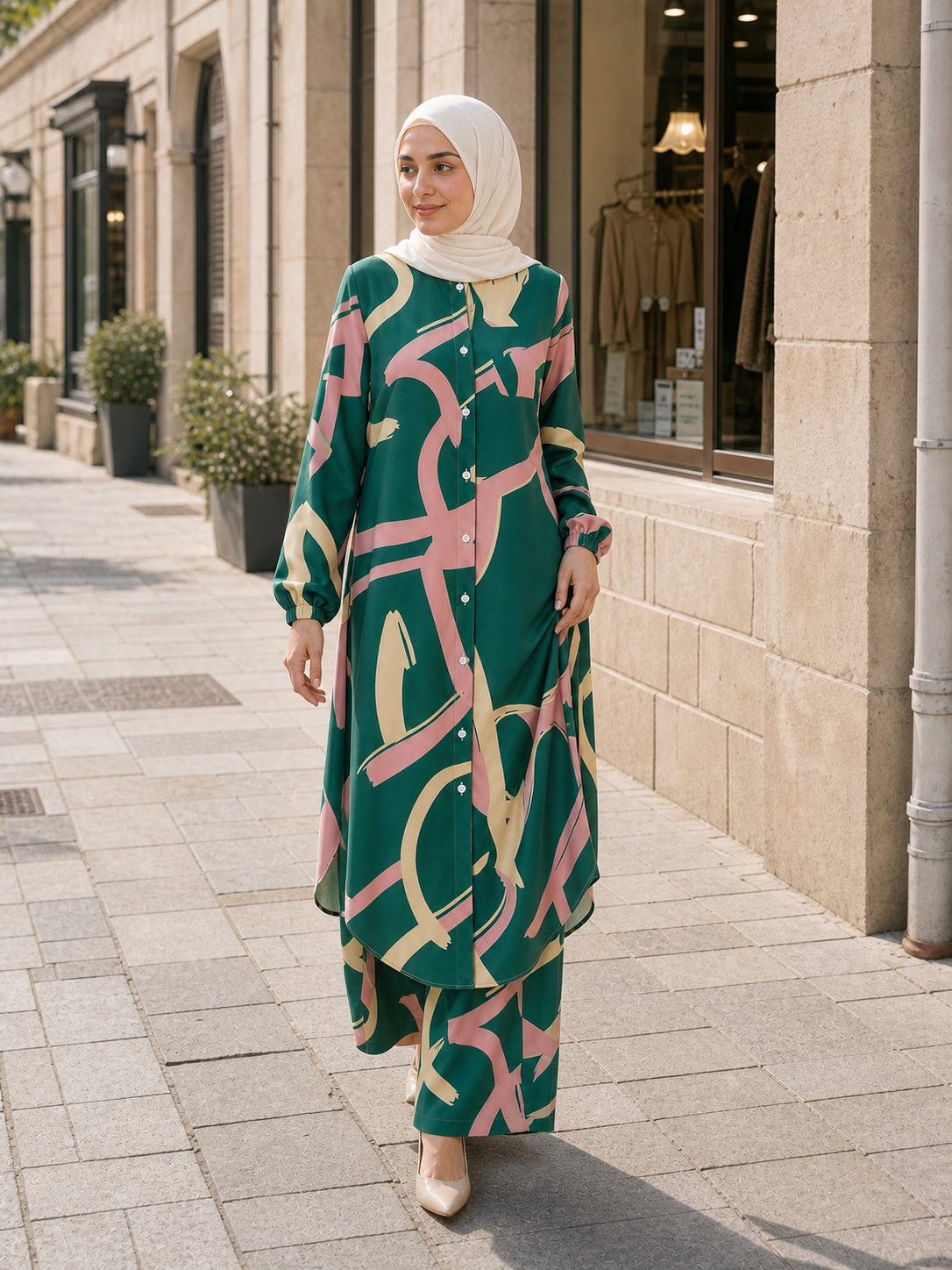 ZOALIN - Printed Flow Tunic & Wide-Leg Pants Set - Mint Print - lifestyle