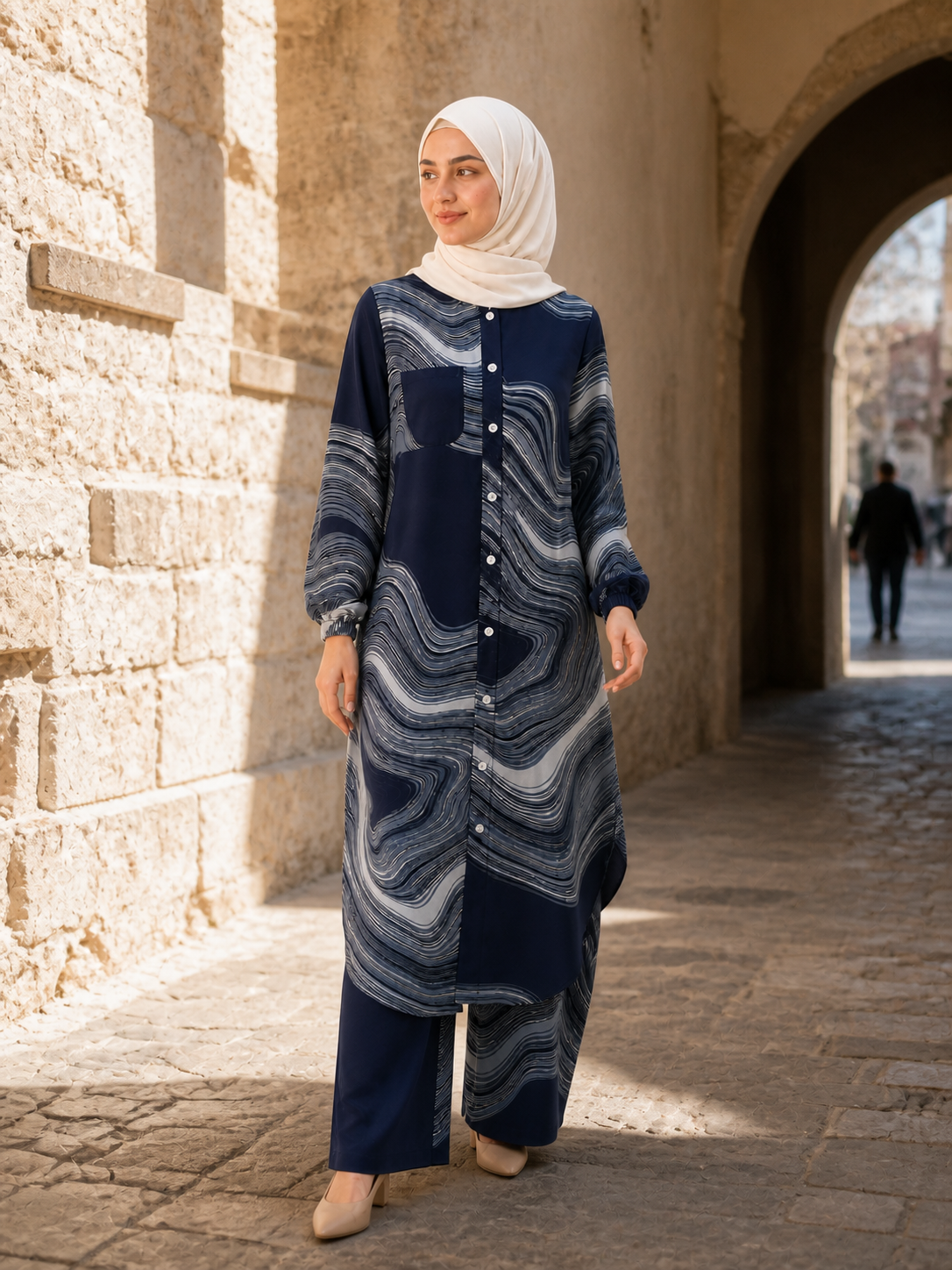 ZOALIN - Printed Flow Tunic & Wide-Leg Pants Set - Navy Print - lifestyle