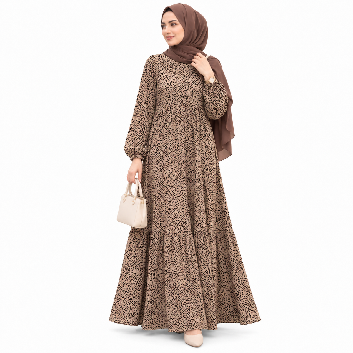 ZOALIN - Printed Tiered Maxi Dress - Camel - front