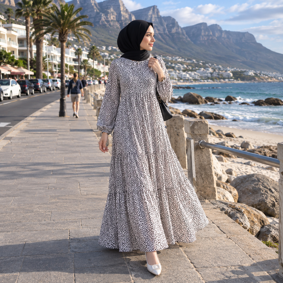 ZOALIN - Printed Tiered Maxi Dress - White - lifestyle