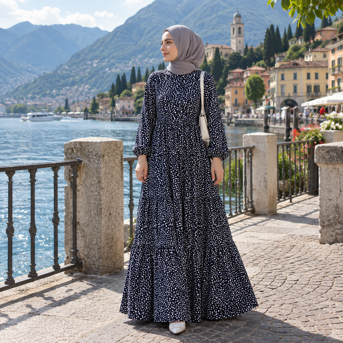 ZOALIN - Printed Tiered Maxi Dress - Navy - lifestyle