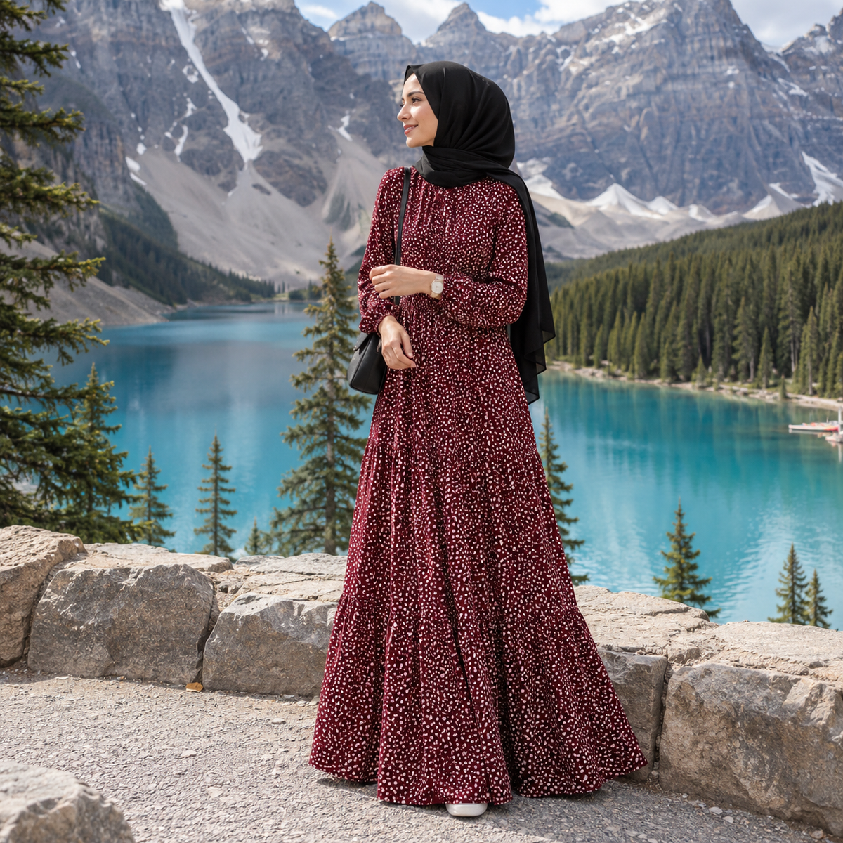 ZOALIN - Printed Tiered Maxi Dress - Burgundy - lifestyle