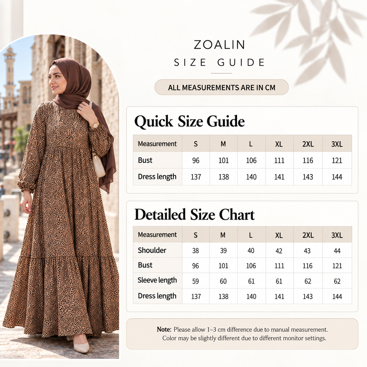 ZOALIN - Printed Tiered Maxi Dress - size chart - centimeters