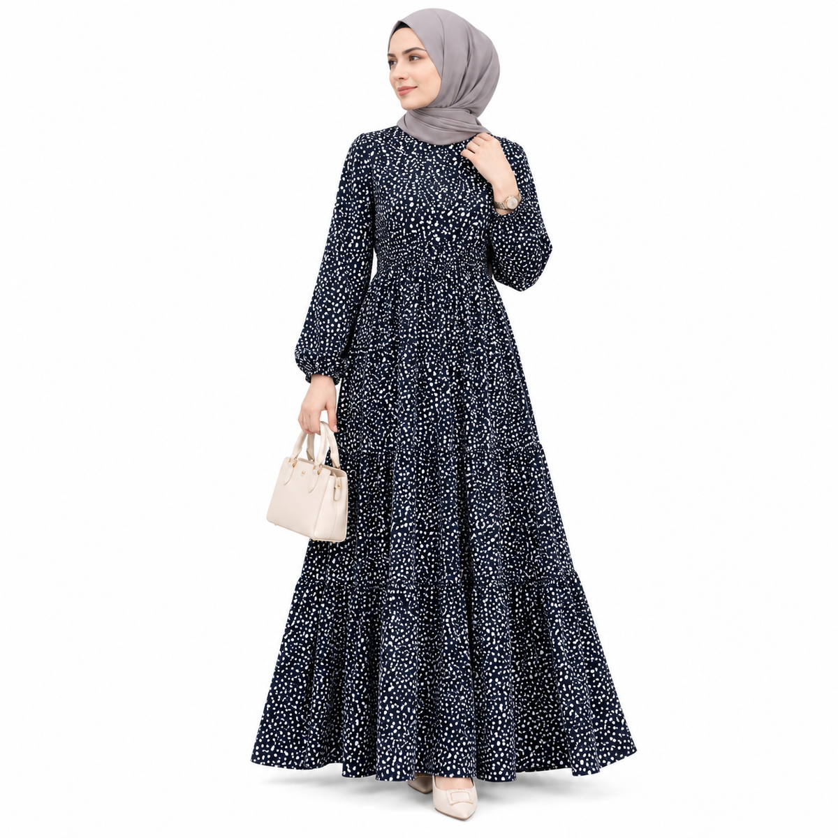 ZOALIN - Printed Tiered Maxi Dress - Navy - front