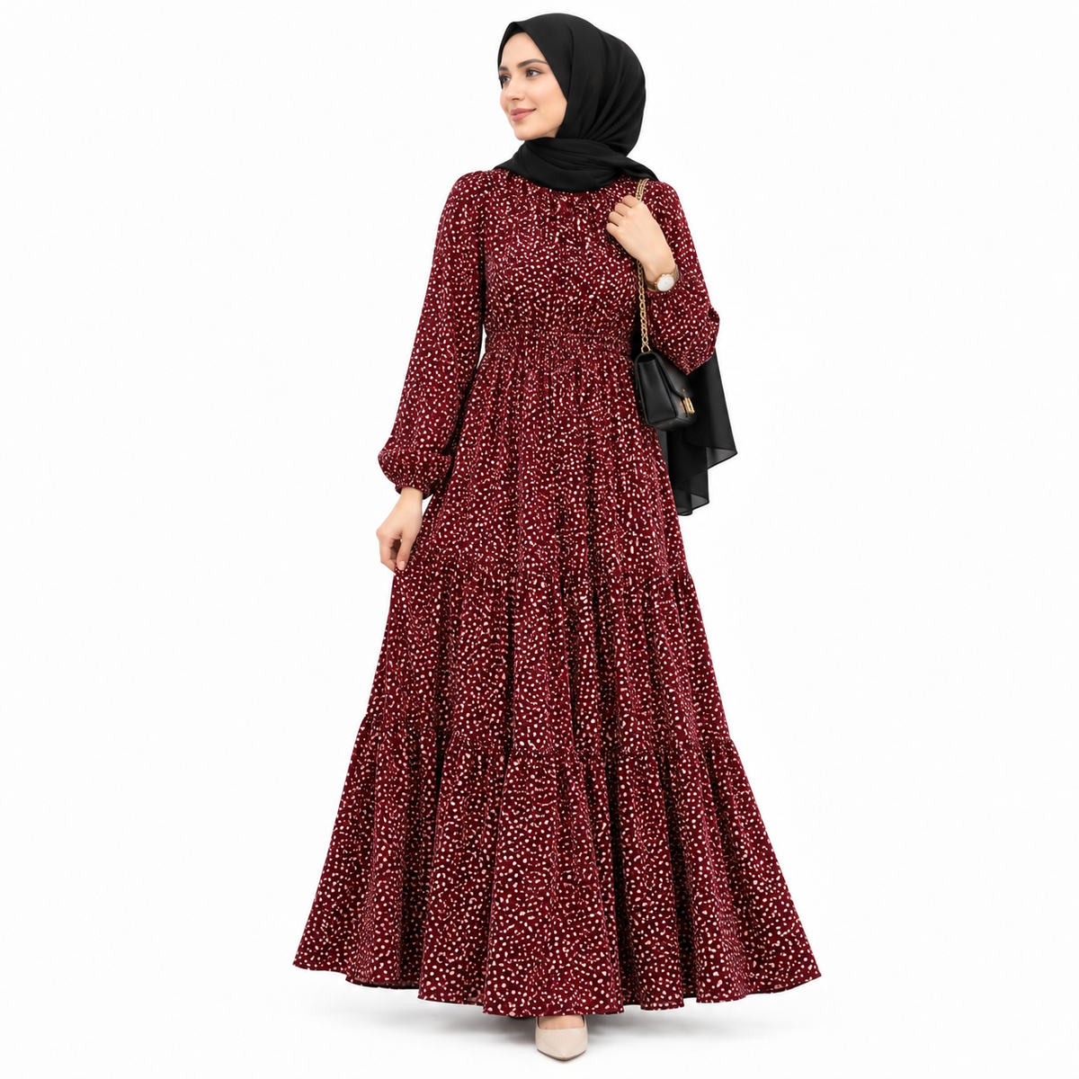 ZOALIN - Printed Tiered Maxi Dress - Burgundy - front
