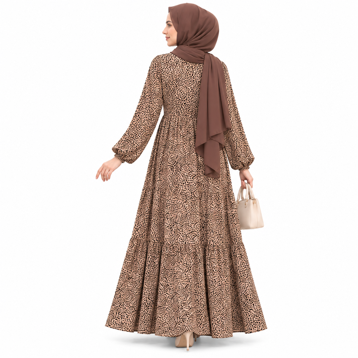 ZOALIN - Printed Tiered Maxi Dress - Camel - back