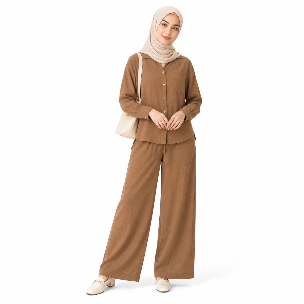 ZOALIN - Relaxed Button Shirt & Wide-Leg Pants Set - Mocha - front