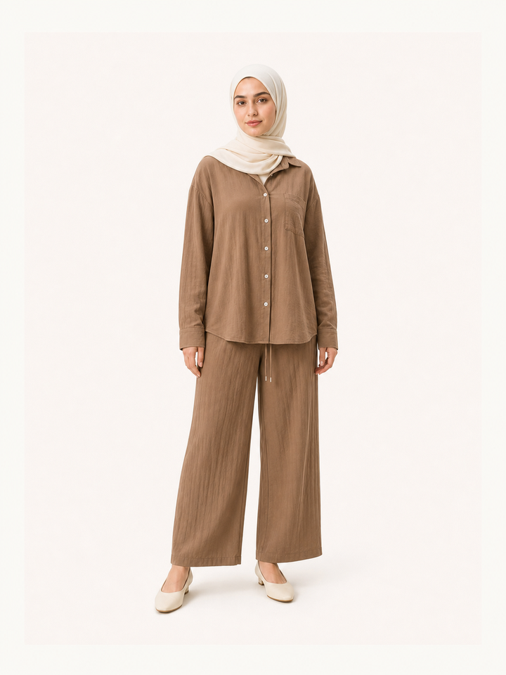 ZOALIN-SKU-COLOR-AUDIT-20260711-P07-01 | Relaxed Button Shirt & Wide-Leg Pants Set | Mocha front view