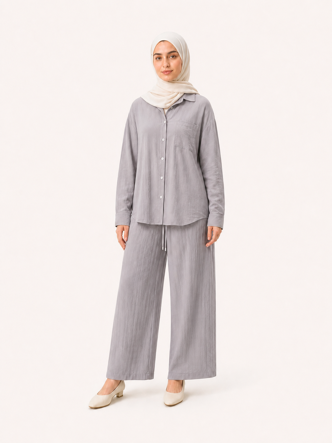 ZOALIN - Relaxed Button Shirt & Wide-Leg Pants Set - Soft Gray - front