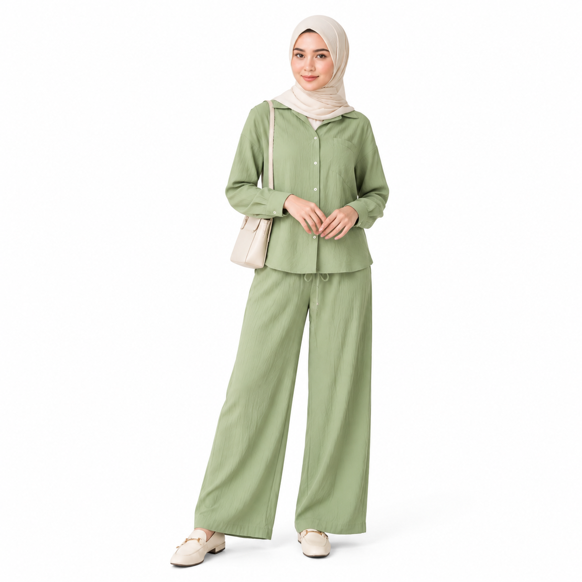 ZOALIN - Relaxed Button Shirt & Wide-Leg Pants Set - Sage - front