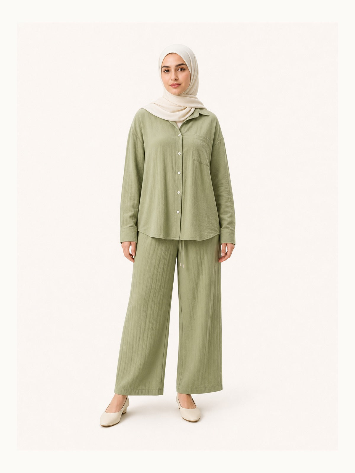 ZOALIN-SKU-COLOR-AUDIT-20260711-P07-02 | Relaxed Button Shirt & Wide-Leg Pants Set | Sage front view