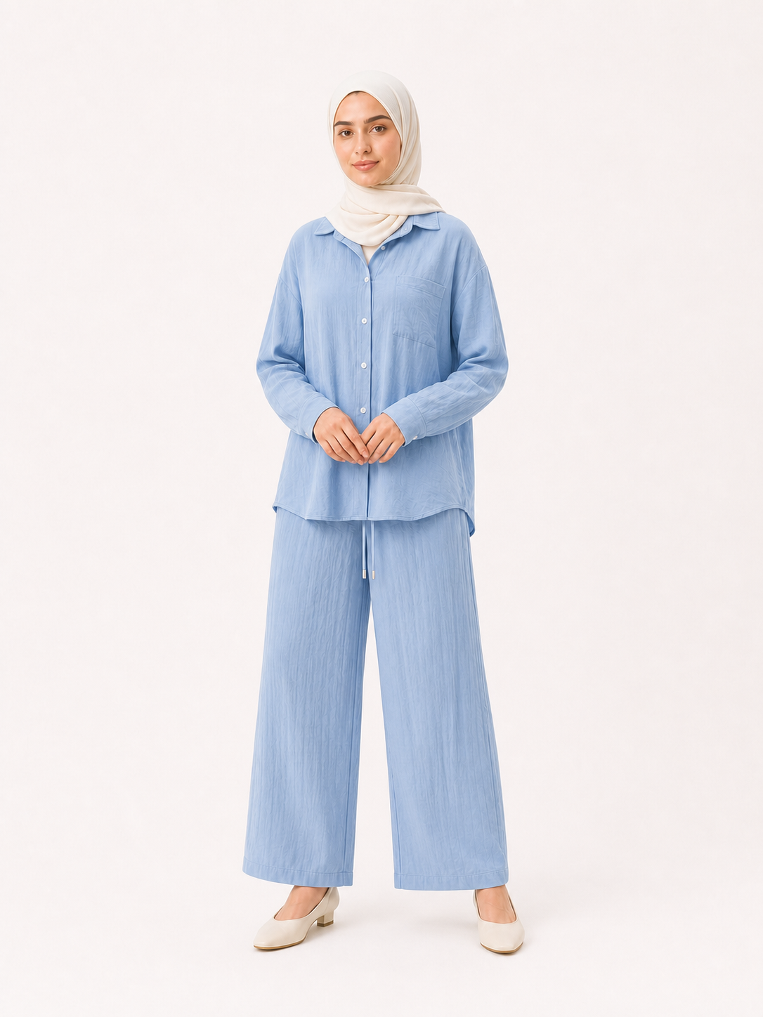 ZOALIN - Relaxed Button Shirt & Wide-Leg Pants Set - Sky Blue - front