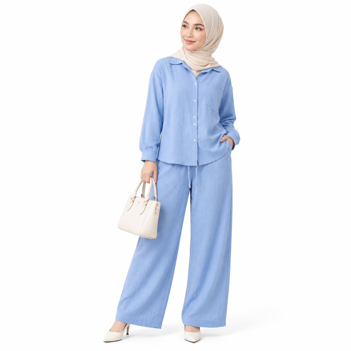 ZOALIN - Relaxed Button Shirt & Wide-Leg Pants Set - Sky Blue - front