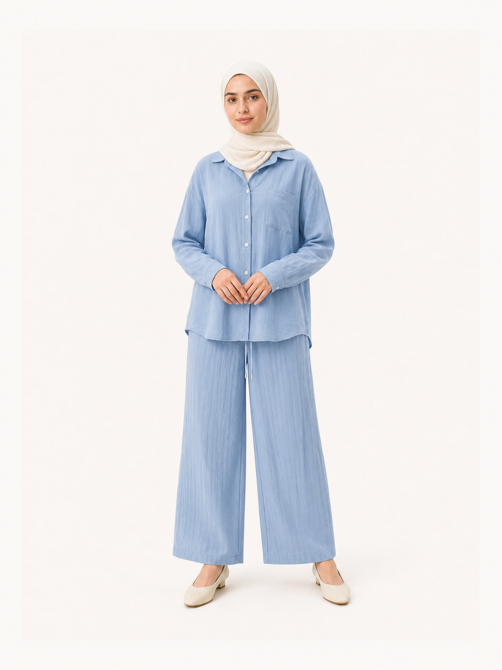 ZOALIN-SKU-COLOR-AUDIT-20260711-P07-03 | Relaxed Button Shirt & Wide-Leg Pants Set | Sky Blue front view