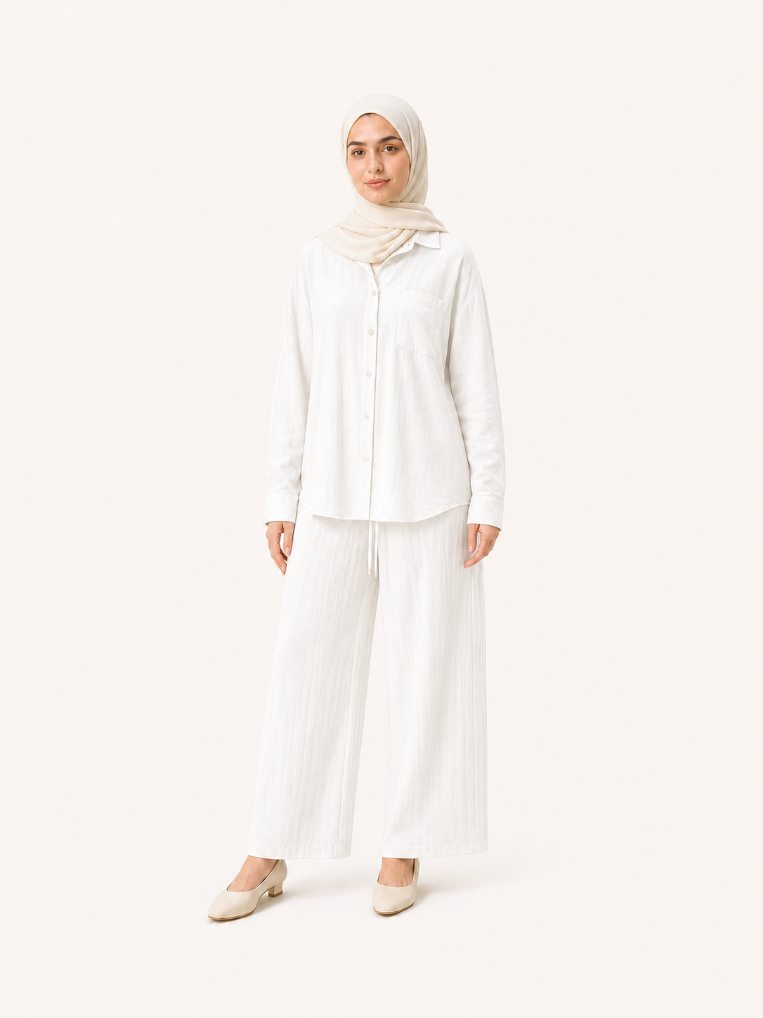 ZOALIN - Relaxed Button Shirt & Wide-Leg Pants Set - White - front