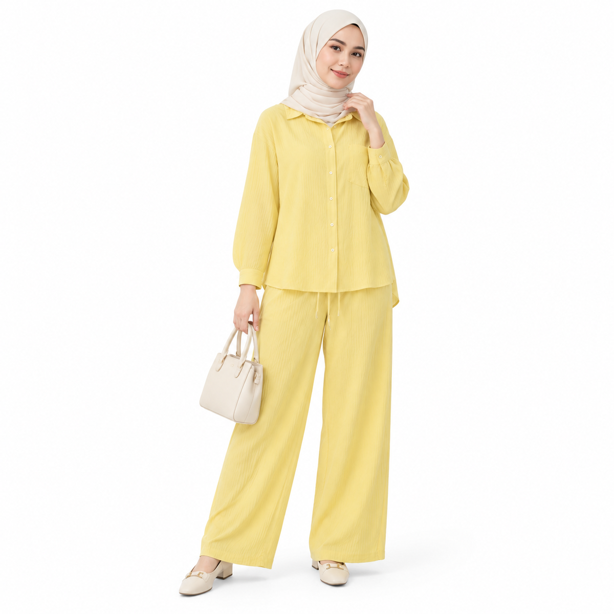 ZOALIN - Relaxed Button Shirt & Wide-Leg Pants Set - Butter Yellow - front