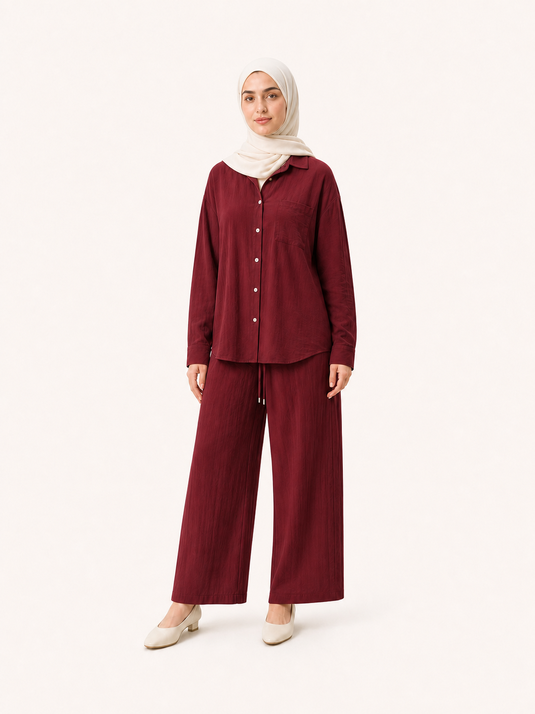 ZOALIN - Relaxed Button Shirt & Wide-Leg Pants Set - Burgundy - front