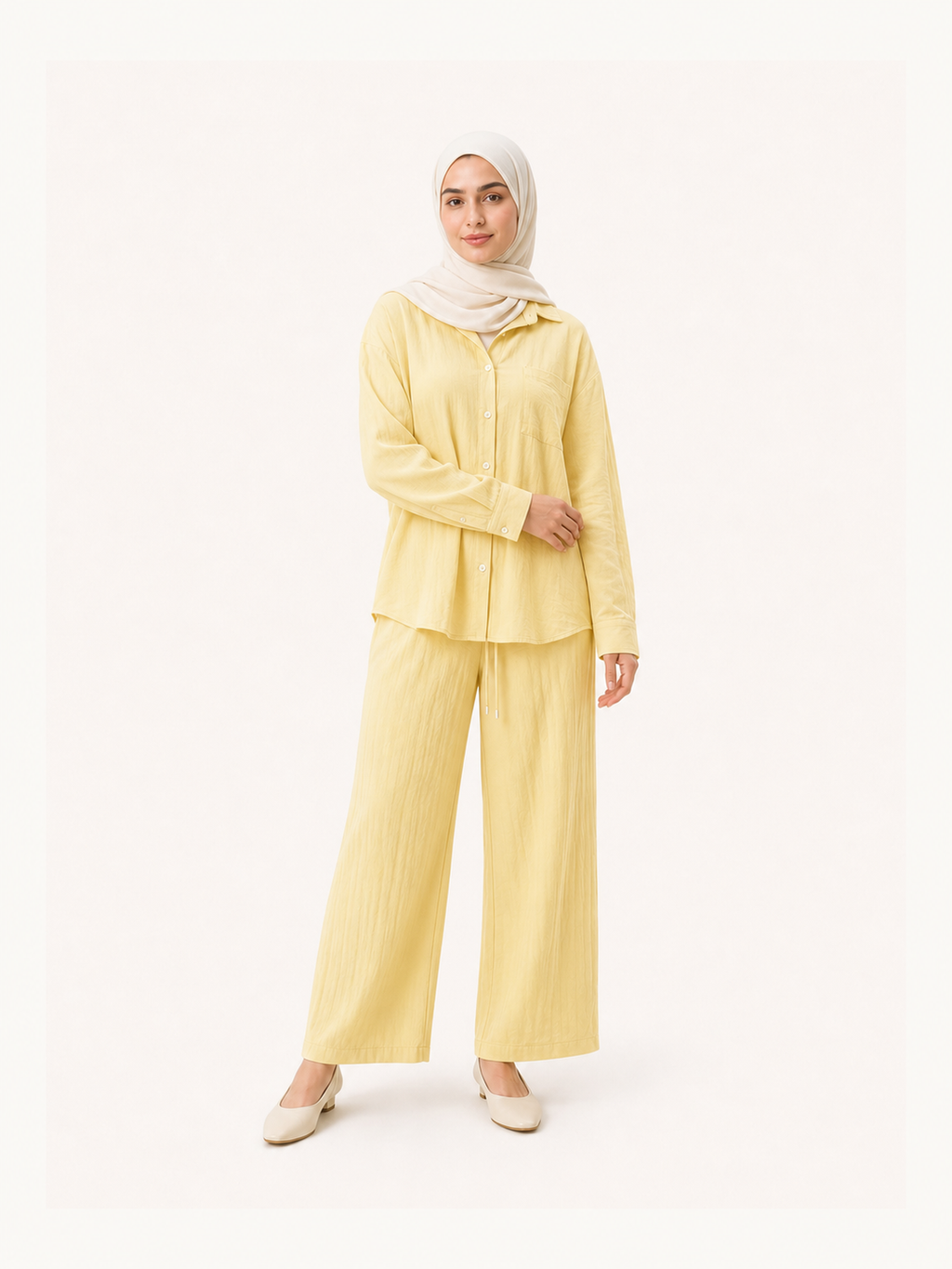 ZOALIN-SKU-COLOR-AUDIT-20260711-P07-04 | Relaxed Button Shirt & Wide-Leg Pants Set | Butter Yellow front view