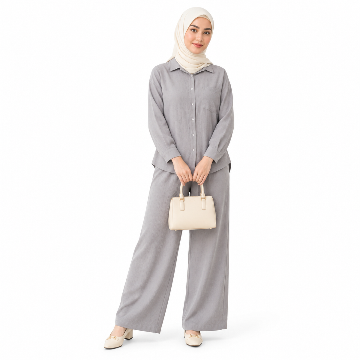 ZOALIN - Relaxed Button Shirt & Wide-Leg Pants Set - Soft Gray - front