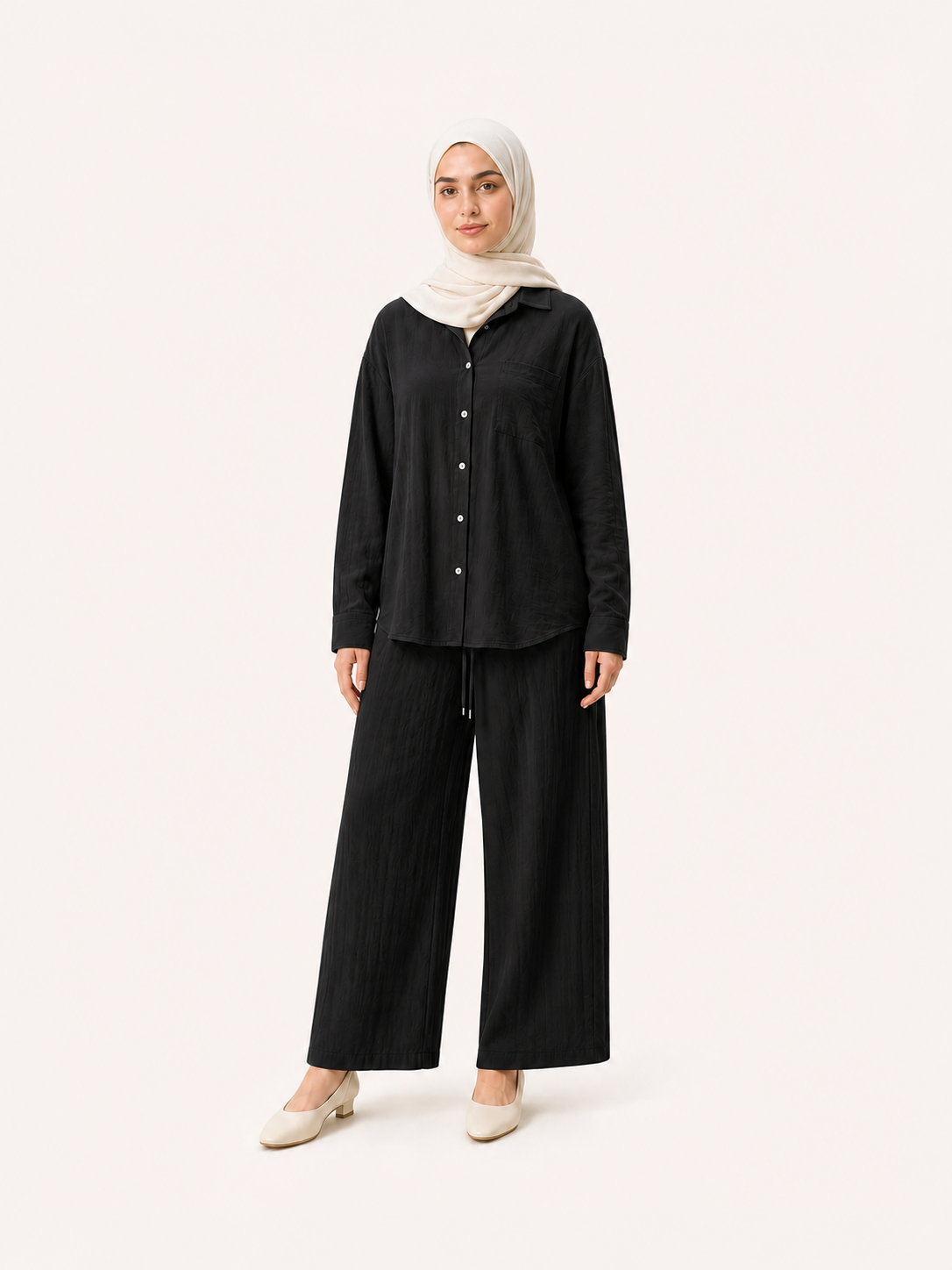 ZOALIN - Relaxed Button Shirt & Wide-Leg Pants Set - Black - front