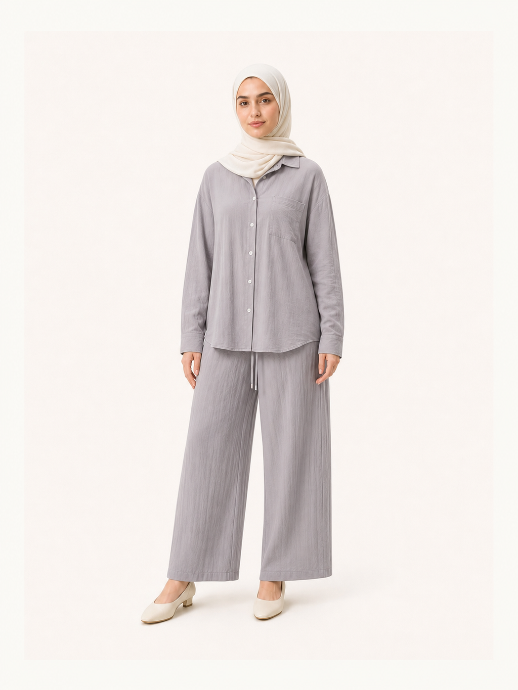 ZOALIN-SKU-COLOR-AUDIT-20260711-P07-05 | Relaxed Button Shirt & Wide-Leg Pants Set | Soft Gray front view