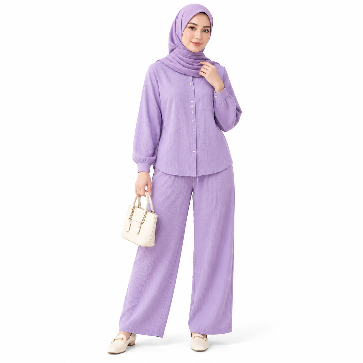 ZOALIN - Relaxed Button Shirt & Wide-Leg Pants Set - Lavender - front