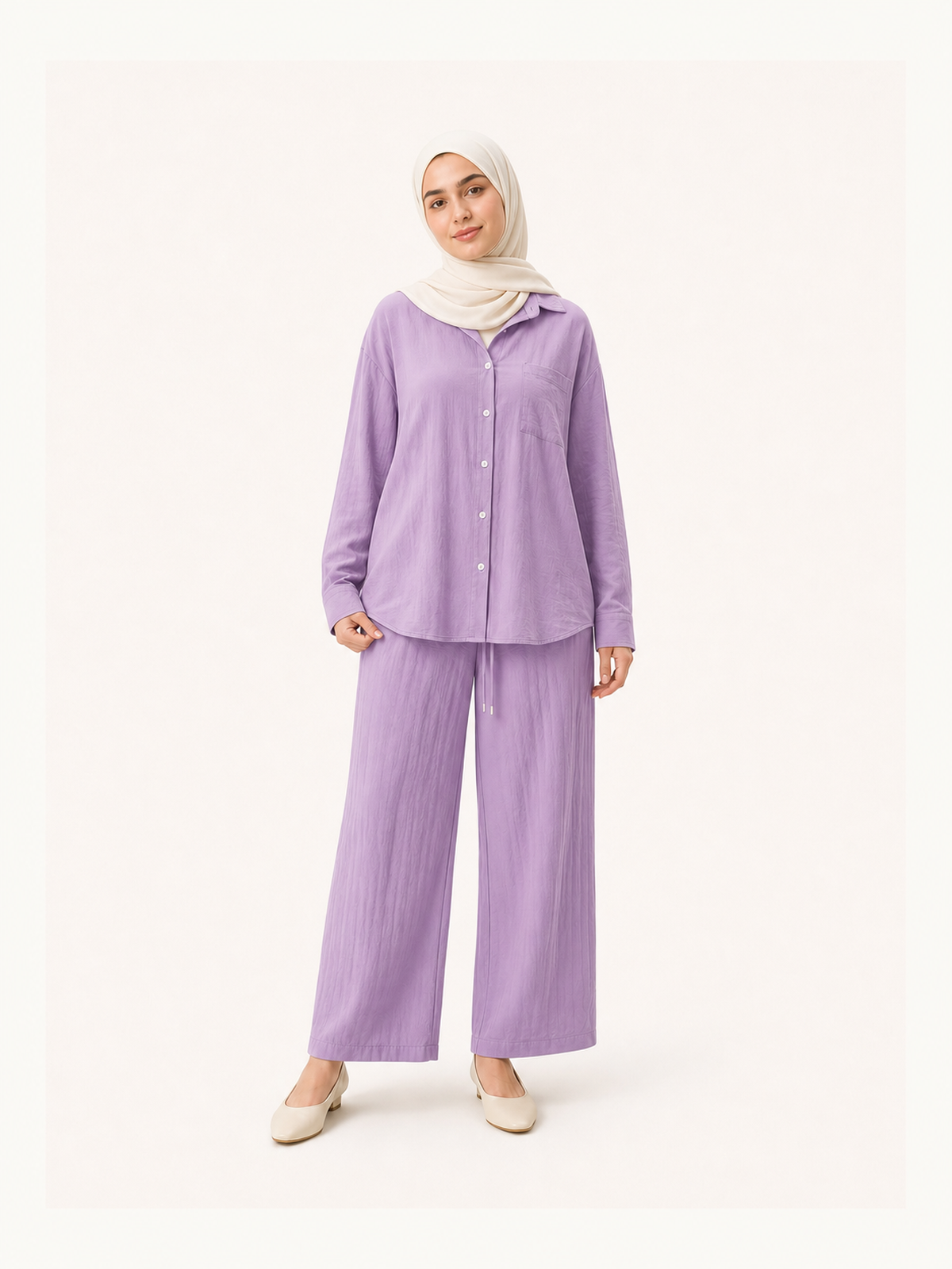 ZOALIN-SKU-COLOR-AUDIT-20260711-P07-06 | Relaxed Button Shirt & Wide-Leg Pants Set | Lavender front view
