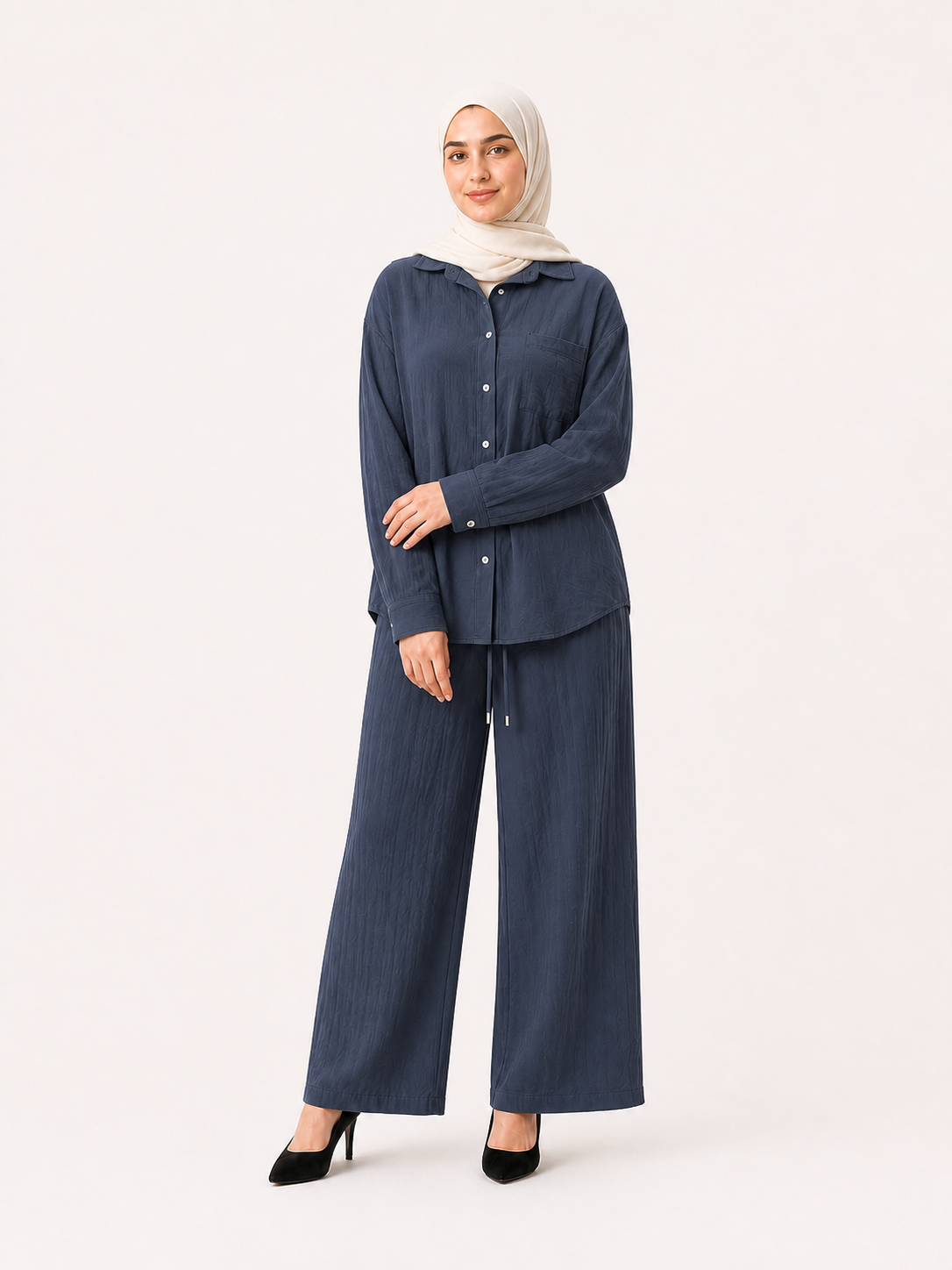 ZOALIN - Relaxed Button Shirt & Wide-Leg Pants Set - Navy - front