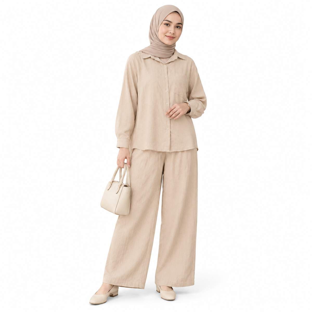 ZOALIN - Relaxed Button Shirt & Wide-Leg Pants Set - Sand - front
