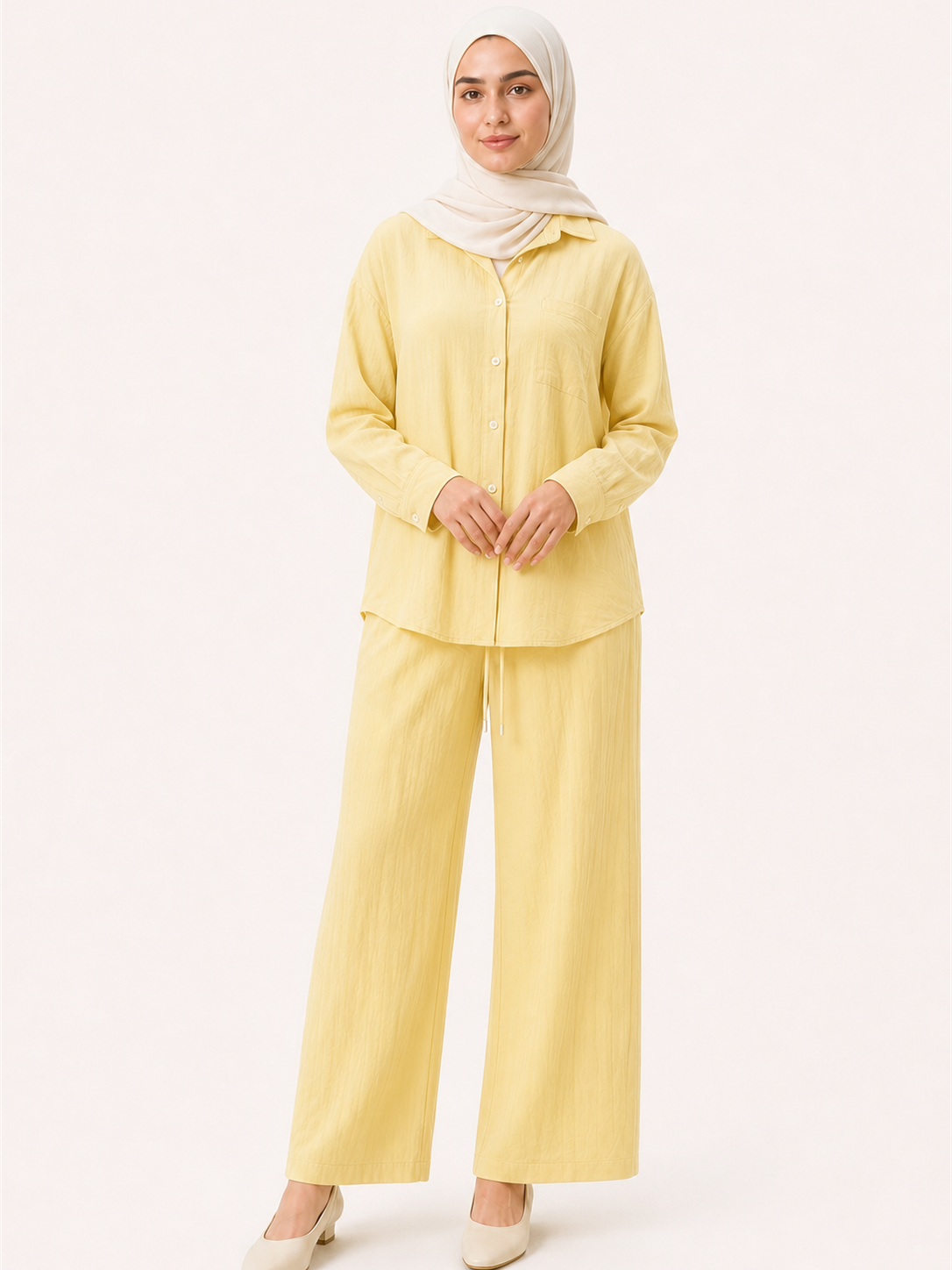 ZOALIN - Relaxed Button Shirt & Wide-Leg Pants Set - Butter Yellow - front