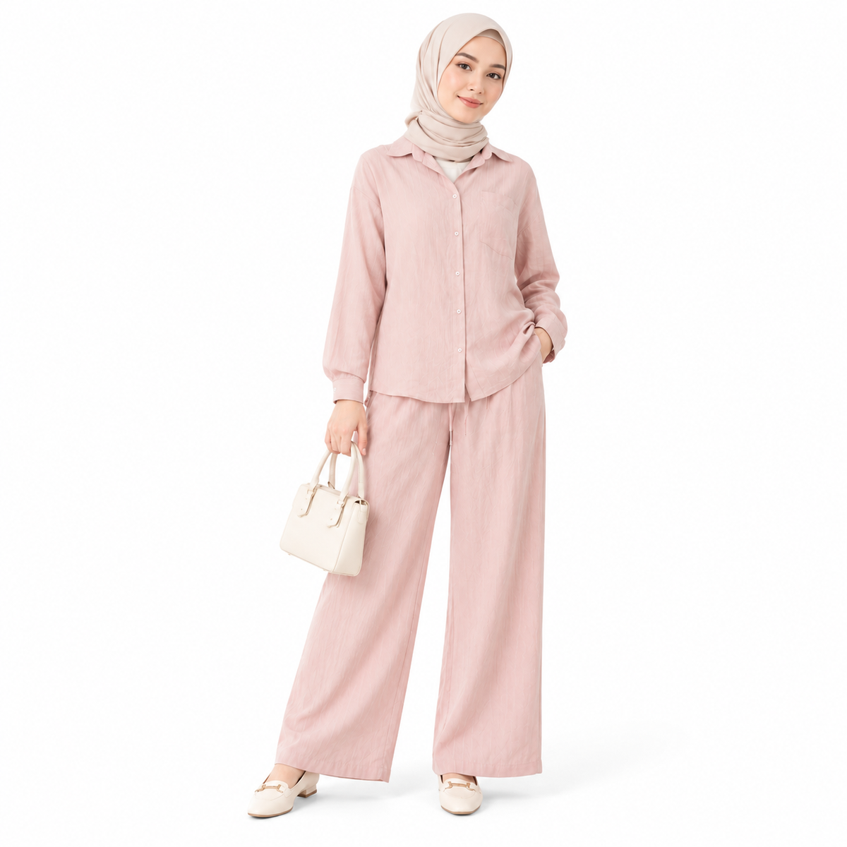ZOALIN - Relaxed Button Shirt & Wide-Leg Pants Set - Blush - front