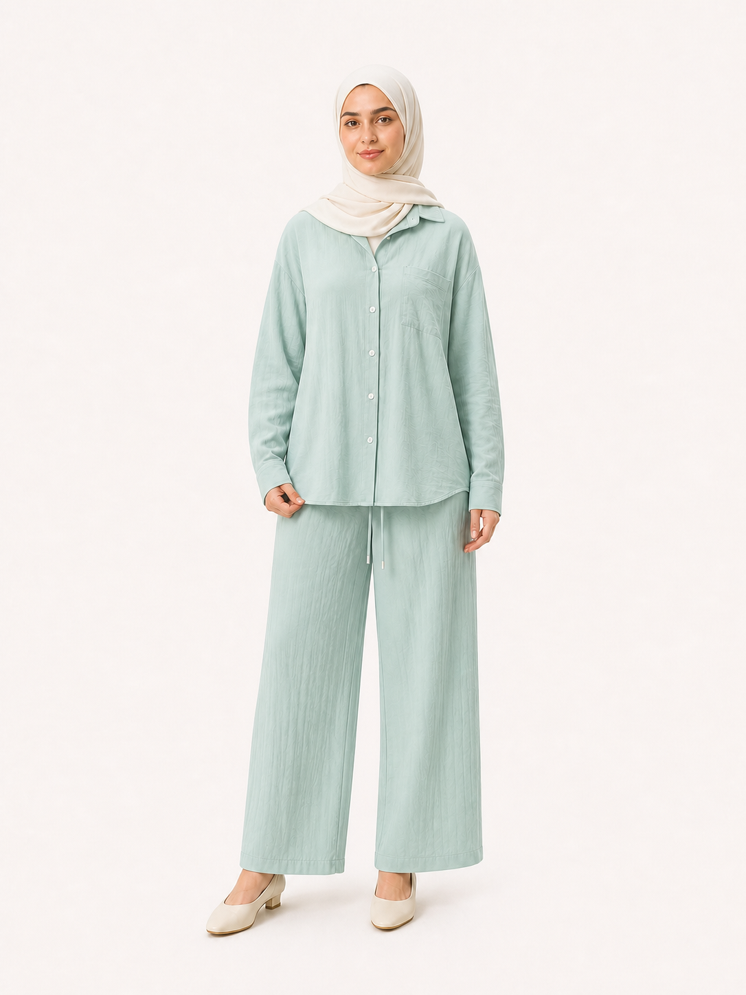 ZOALIN - Relaxed Button Shirt & Wide-Leg Pants Set - Mint - front