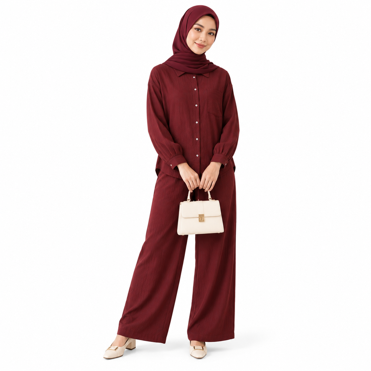 ZOALIN - Relaxed Button Shirt & Wide-Leg Pants Set - Burgundy - front