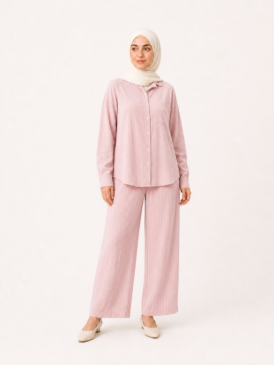 ZOALIN - Relaxed Button Shirt & Wide-Leg Pants Set - Blush - front
