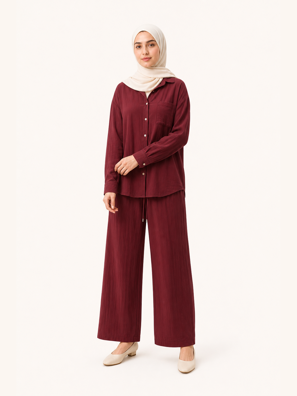 ZOALIN-SKU-COLOR-AUDIT-20260711-P07-09 | Relaxed Button Shirt & Wide-Leg Pants Set | Burgundy front view