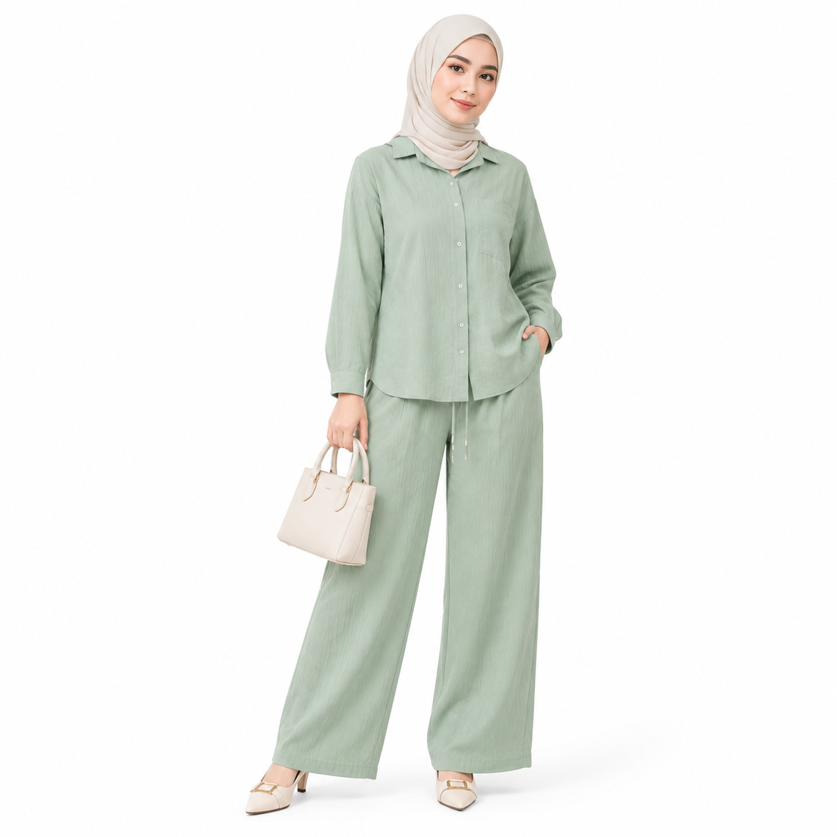 ZOALIN - Relaxed Button Shirt & Wide-Leg Pants Set - Mint - front