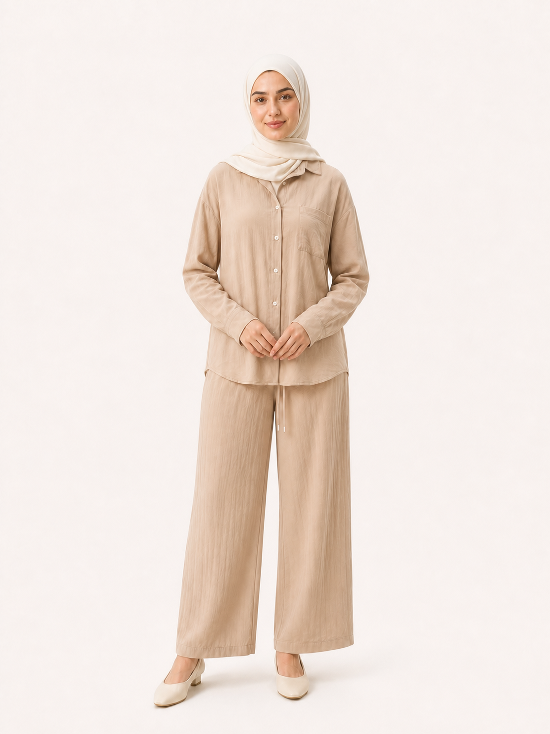 ZOALIN - Relaxed Button Shirt & Wide-Leg Pants Set - Sand - front