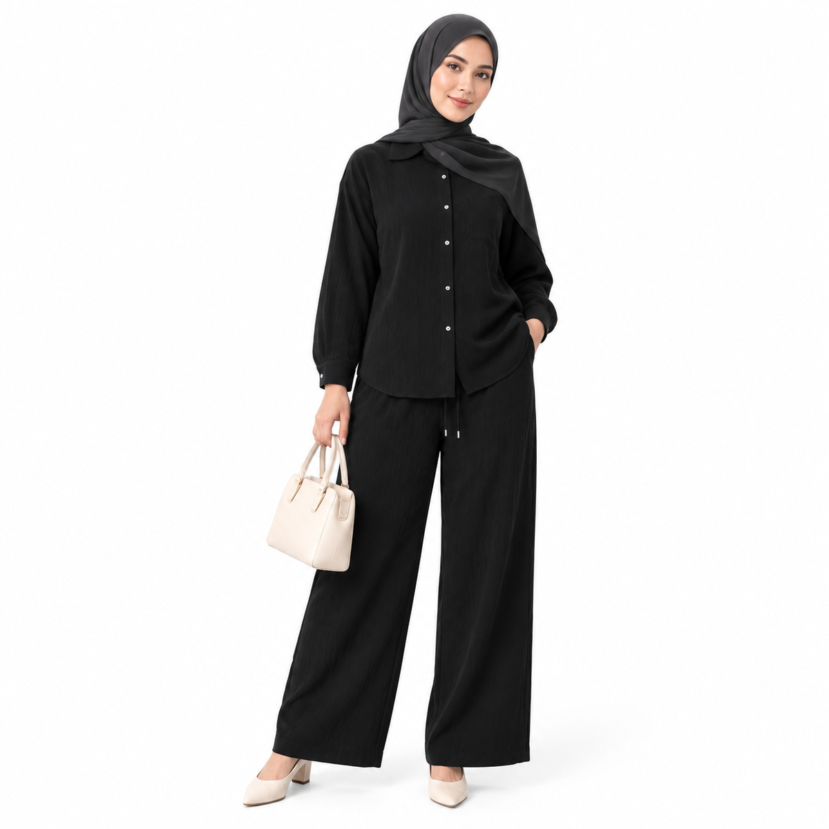 ZOALIN - Relaxed Button Shirt & Wide-Leg Pants Set - Black - front