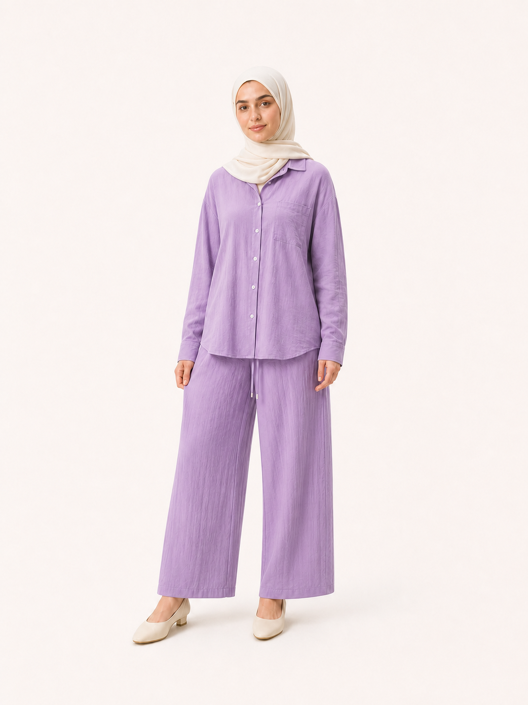 ZOALIN - Relaxed Button Shirt & Wide-Leg Pants Set - Lavender - front