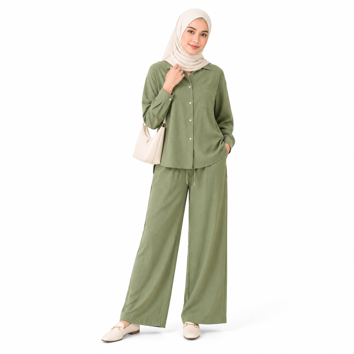 ZOALIN - Relaxed Button Shirt & Wide-Leg Pants Set - Olive - front