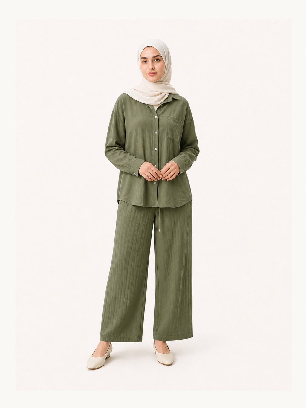 ZOALIN-SKU-COLOR-AUDIT-20260711-P07-12 | Relaxed Button Shirt & Wide-Leg Pants Set | Olive front view