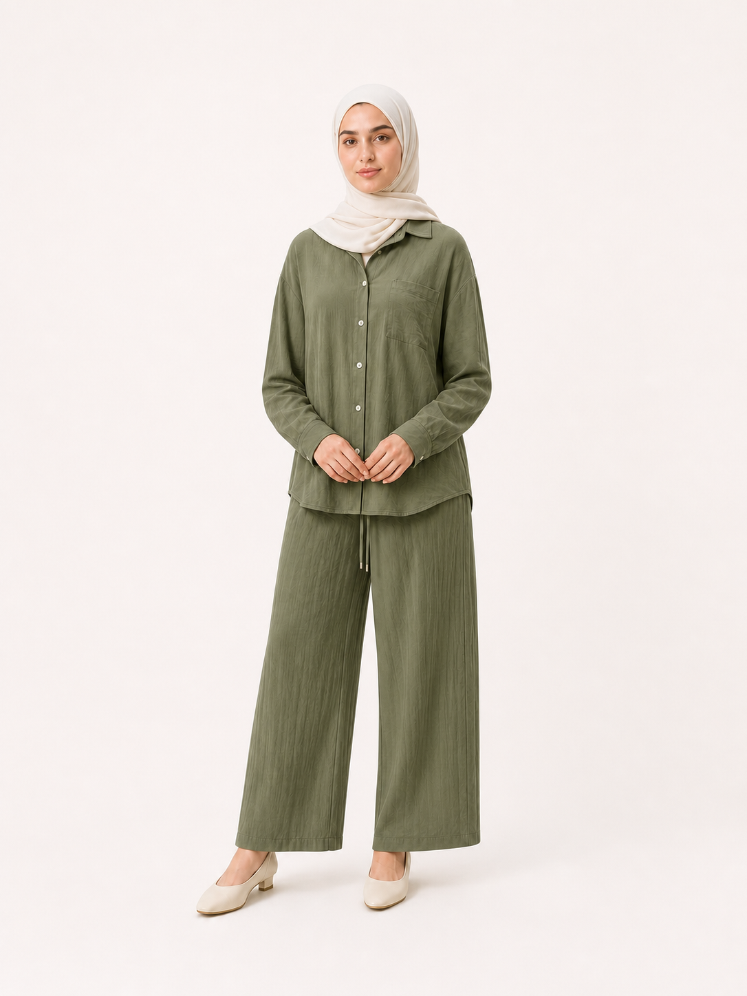 ZOALIN - Relaxed Button Shirt & Wide-Leg Pants Set - Olive - front