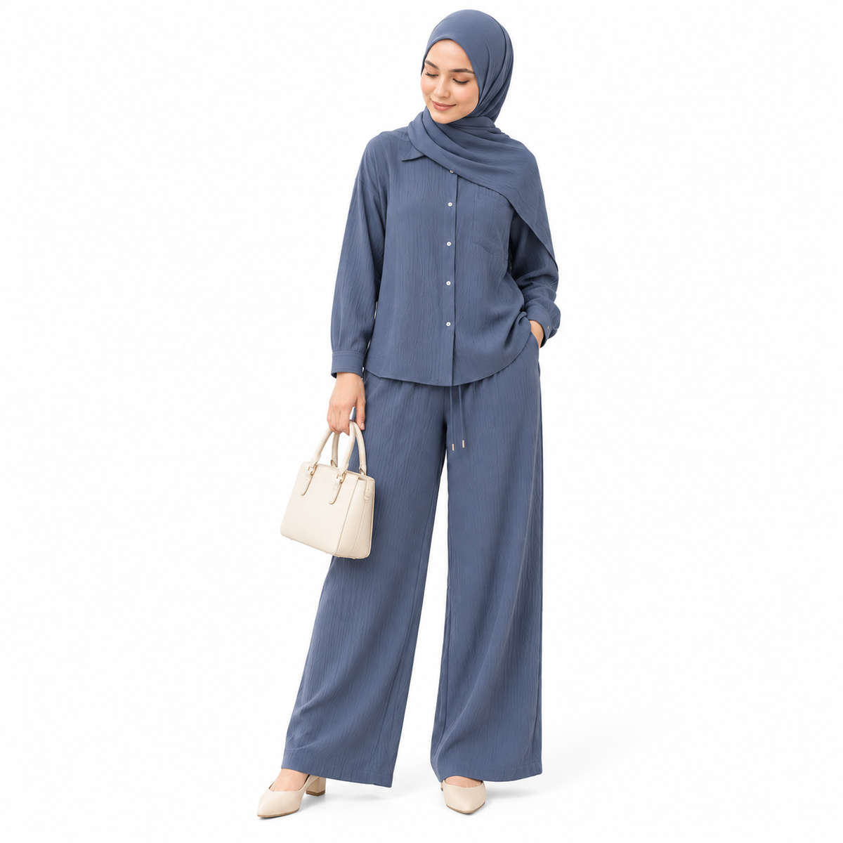 ZOALIN - Relaxed Button Shirt & Wide-Leg Pants Set - Navy - front