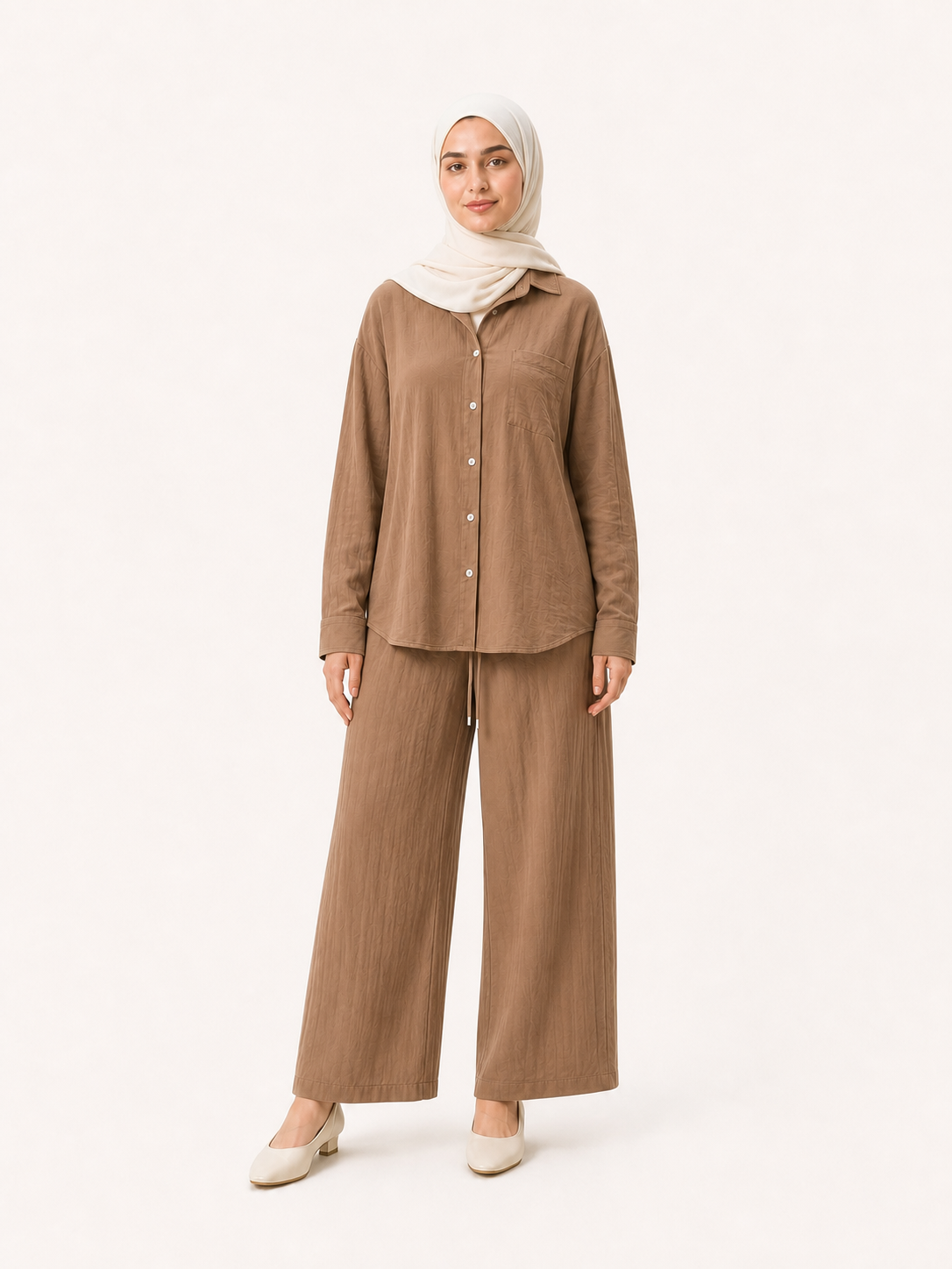 ZOALIN - Relaxed Button Shirt & Wide-Leg Pants Set - Mocha - front