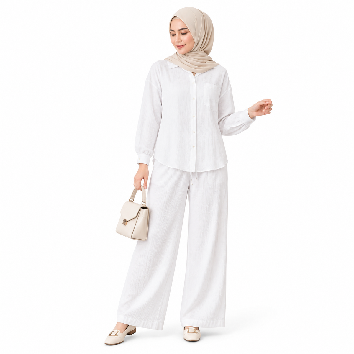 ZOALIN - Relaxed Button Shirt & Wide-Leg Pants Set - White - front